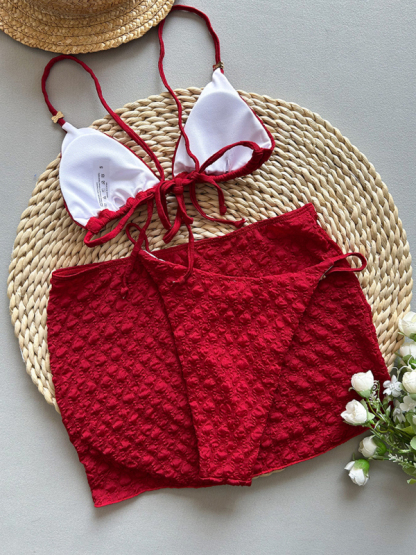 Red textured fabric bikini three piece set-chiquechics