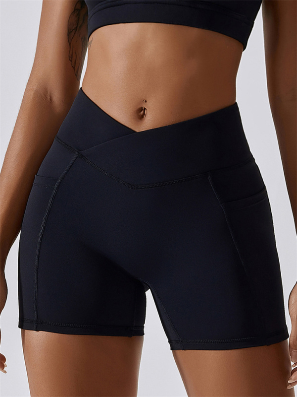 Women's Naked Hip Pocket Crossover Waist Leggings Sports Shorts-chiquechics