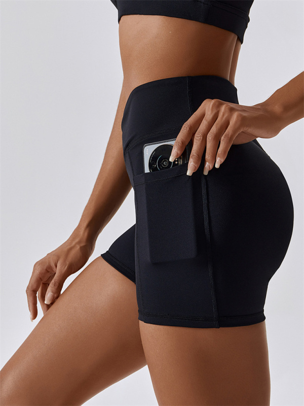 Women's Naked Hip Pocket Crossover Waist Leggings Sports Shorts-chiquechics