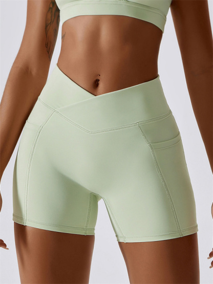 Women's Naked Hip Pocket Crossover Waist Leggings Sports Shorts-chiquechics