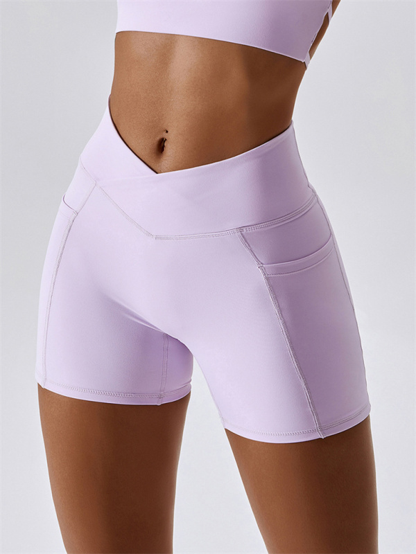 Women's Naked Hip Pocket Crossover Waist Leggings Sports Shorts-chiquechics