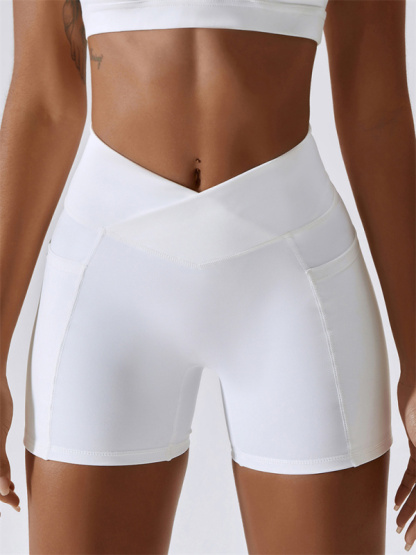 Women's Naked Hip Pocket Crossover Waist Leggings Sports Shorts-chiquechics