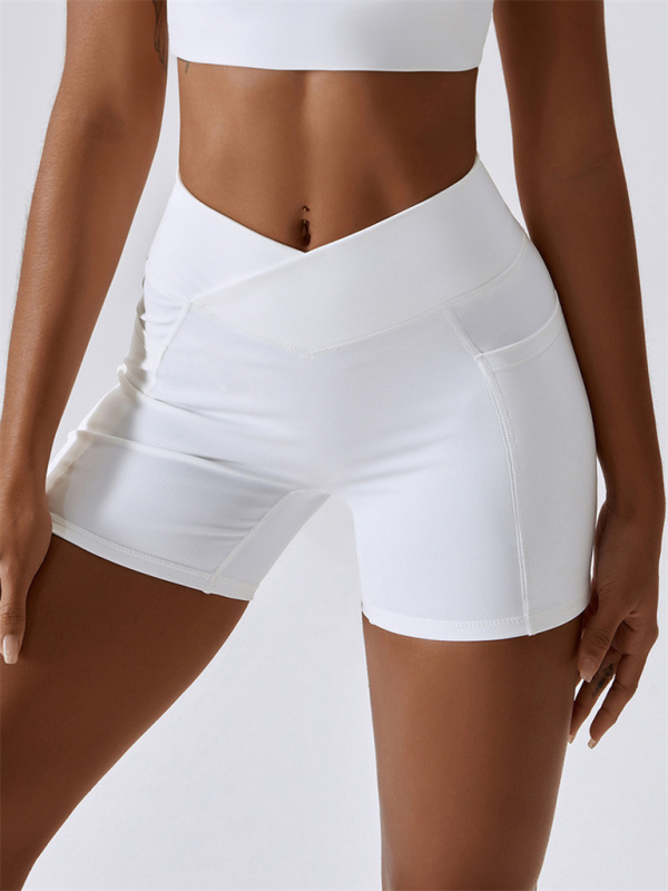 Women's Naked Hip Pocket Crossover Waist Leggings Sports Shorts-chiquechics