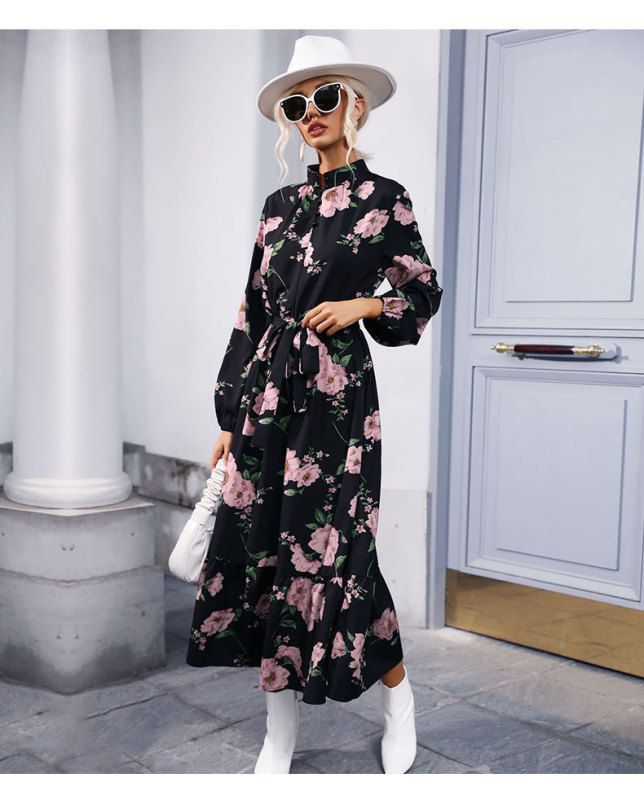 Printed long sleeve semi -collar long skirt dress autumn and winter-chiquechics