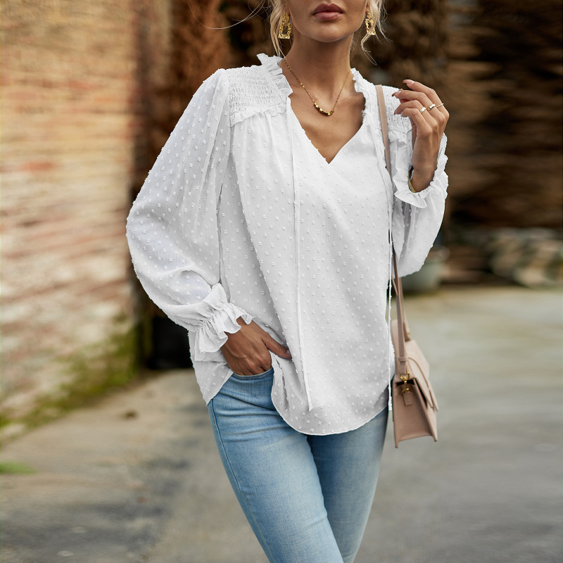 Temperament and elegant v-neck knotted long-sleeved top blouse-chiquechics
