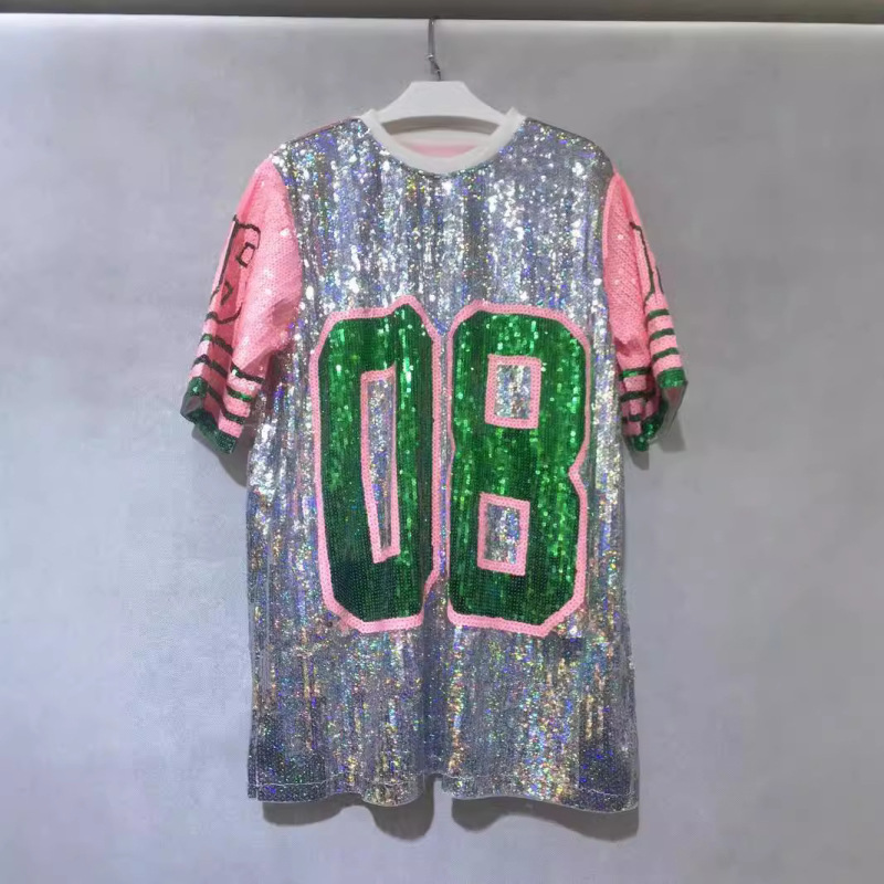 Women's Sequin Loose T-shirt Round Neck Half Sleeve Top-chiquechics