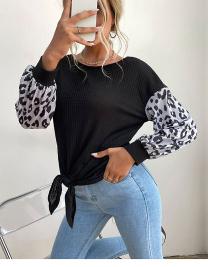 Round Neck Long Sleeve Panelled Leopard Print Black Knit Sweater-chiquechics