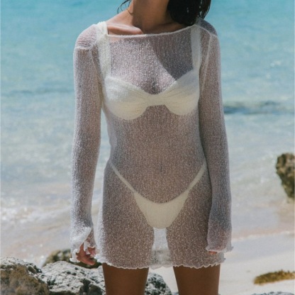 SwimwearKnitted Beach Resort Dress Long Sleeve Hollow Out See Through-chiquechics