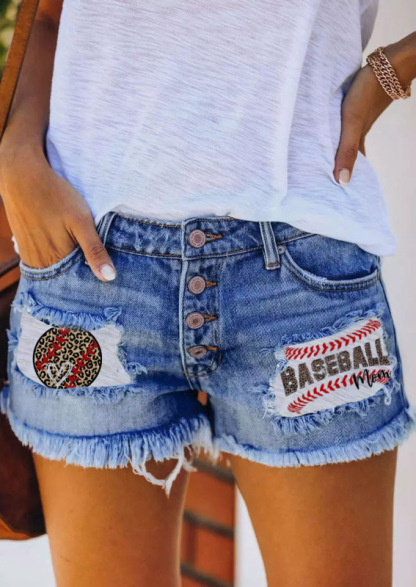 Button-breasted printed patch denim shorts with ripped fringed hot pants-chiquechics