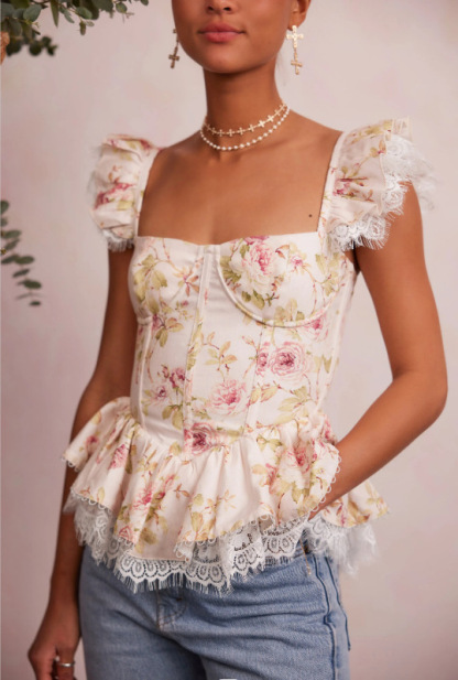 Lace Keel Back Tie Sexy Print tank Top-chiquechics