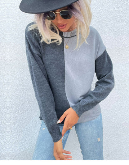 Round neck contrasting sweater with loose pullover knit-chiquechics