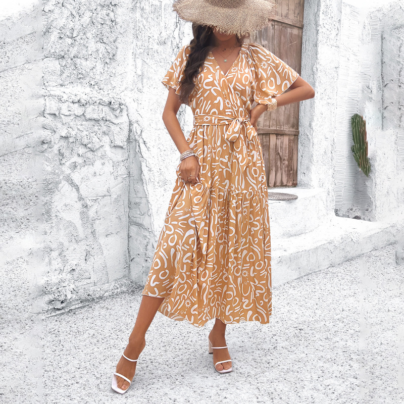Women's Casual Vacation Short Sleeve Irregular Pattern Print Dress-chiquechics