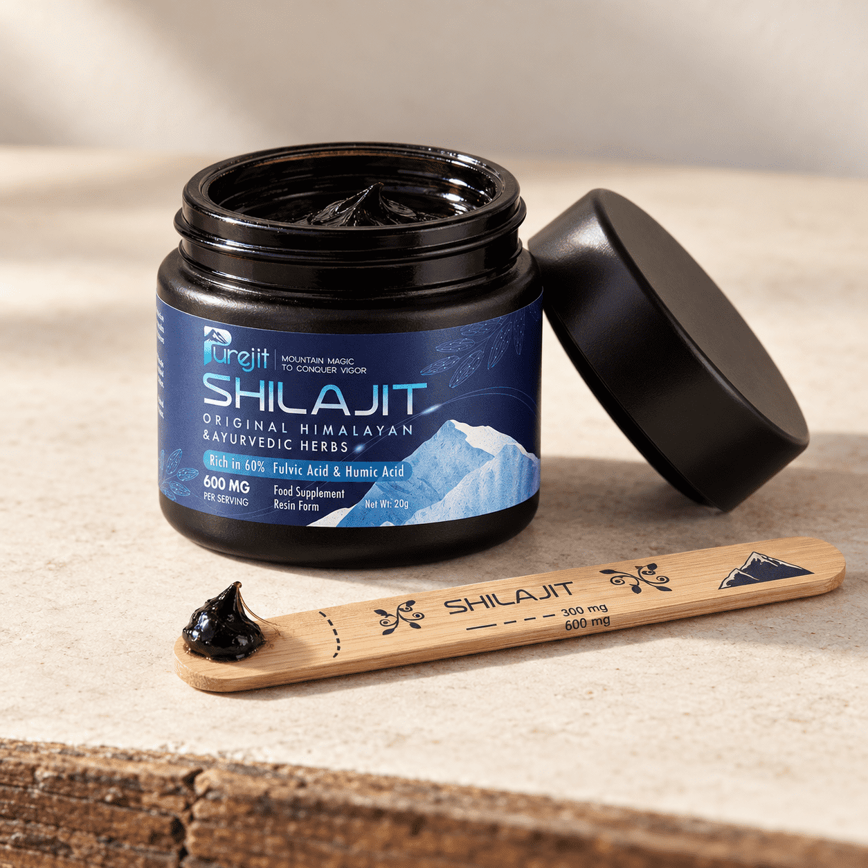 Purejit Shilajit resin product and texture image.