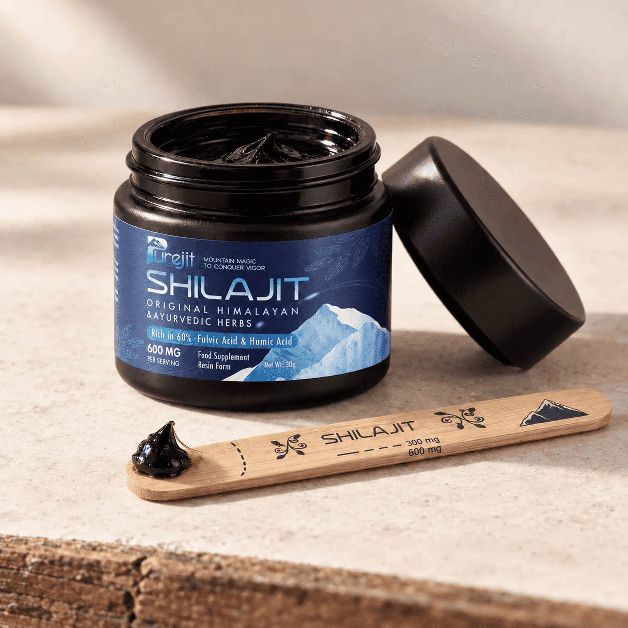 Purejit Shilajit resin product and texture image.
