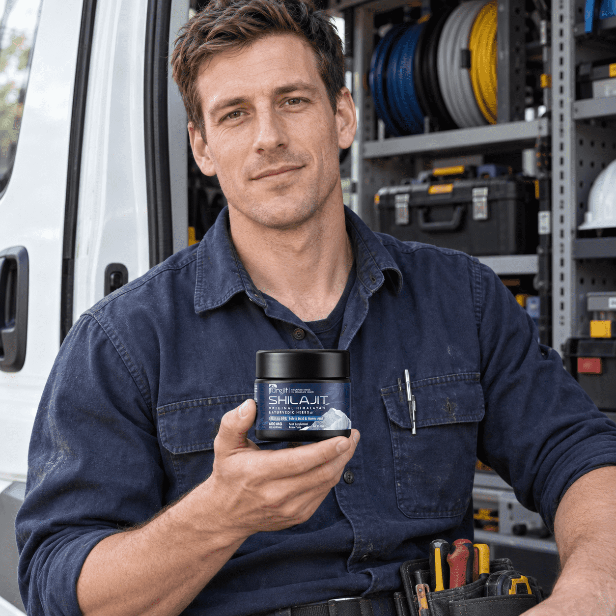 Illustrative electrician with the Purejit product.