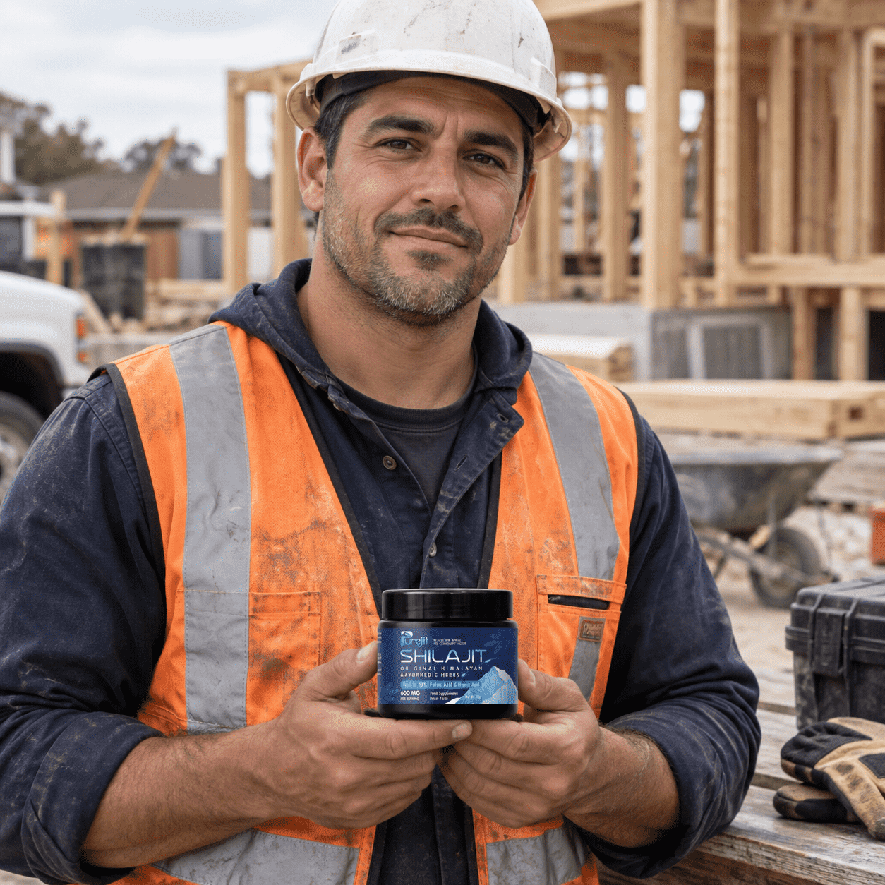 Illustrative construction worker with the Purejit product.