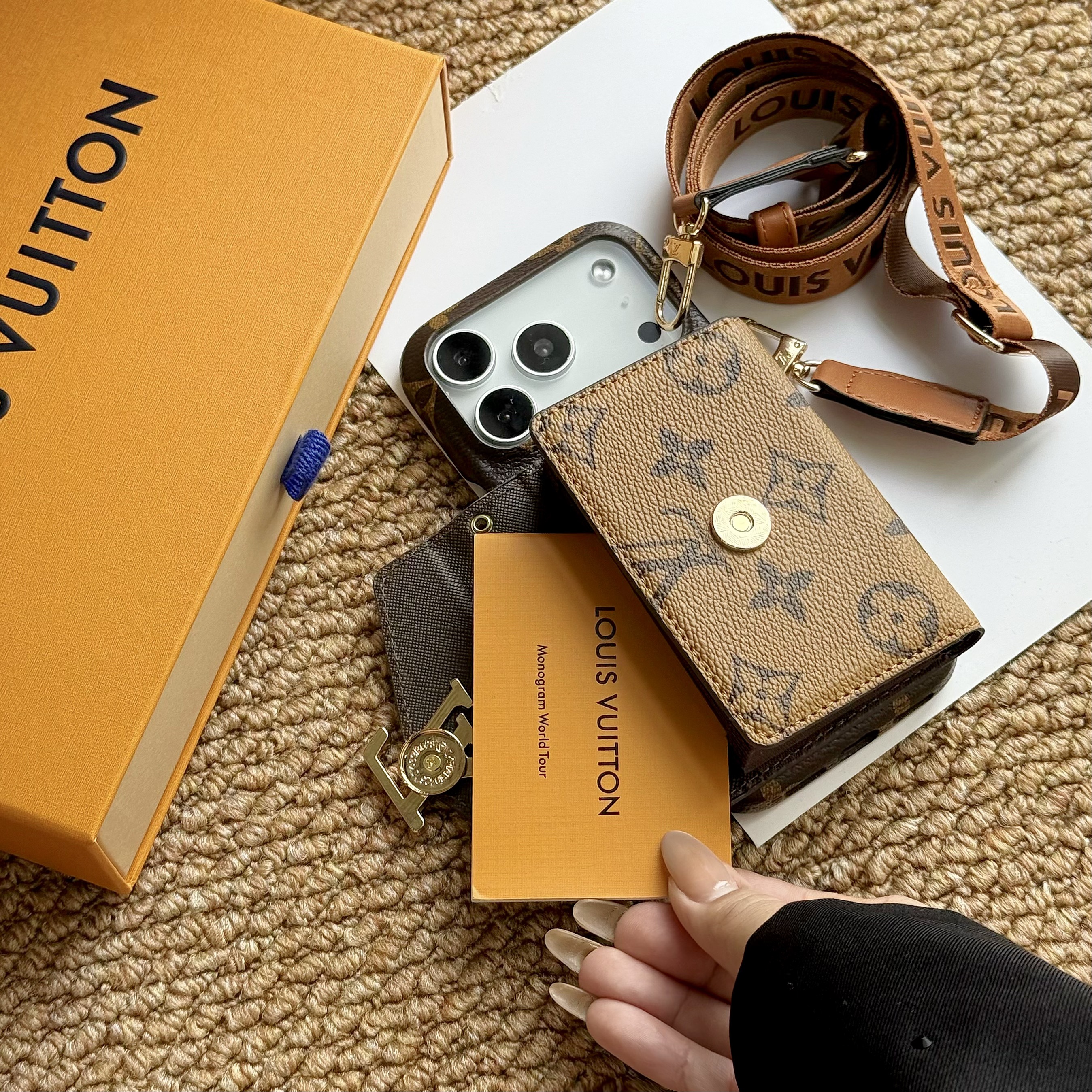 Leather Monogram iPhone Case With Card Holder And Strap For iPhone 17 Series-CMLV027