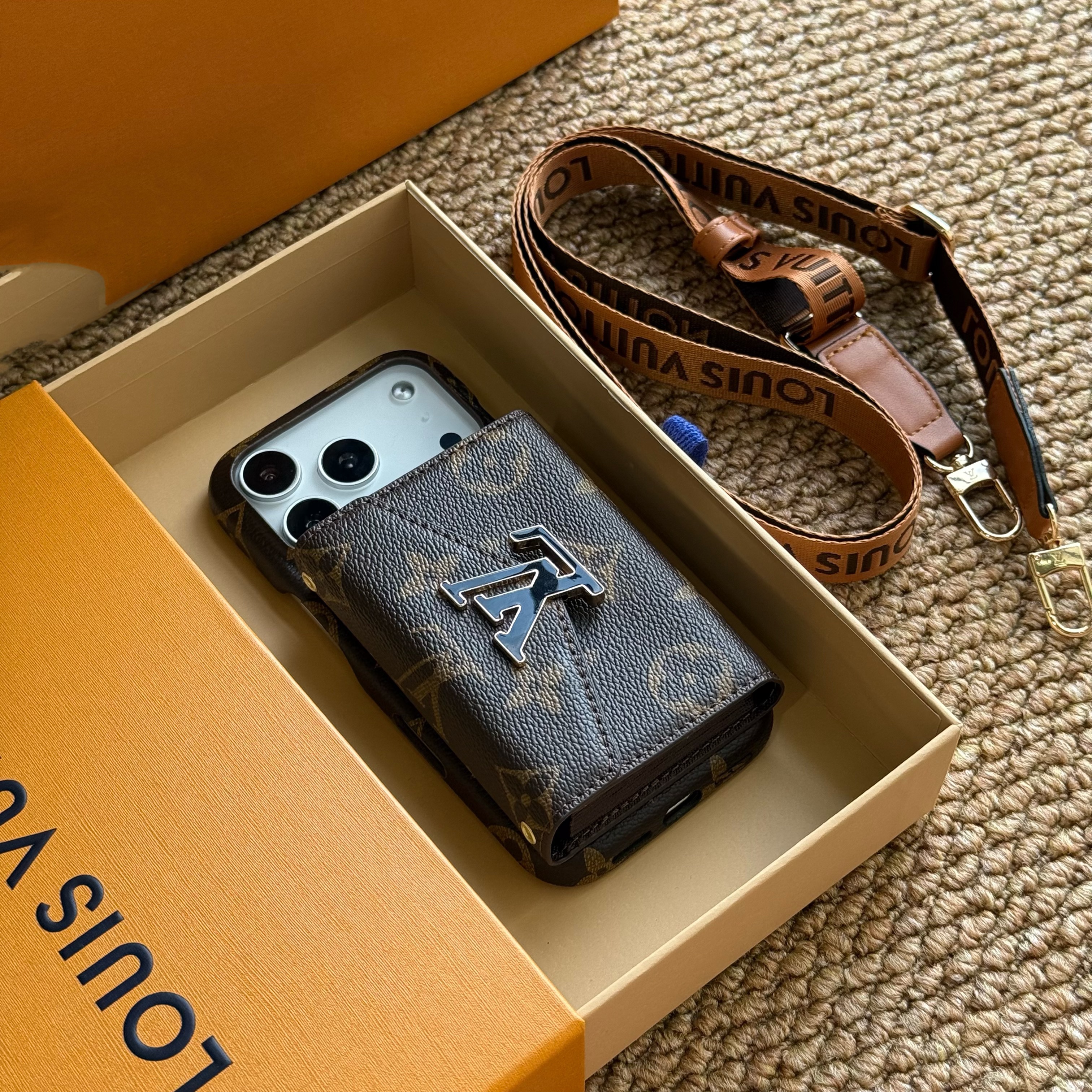 Leather Monogram iPhone Case With Card Holder And Strap For iPhone 17 Series-CMLV027