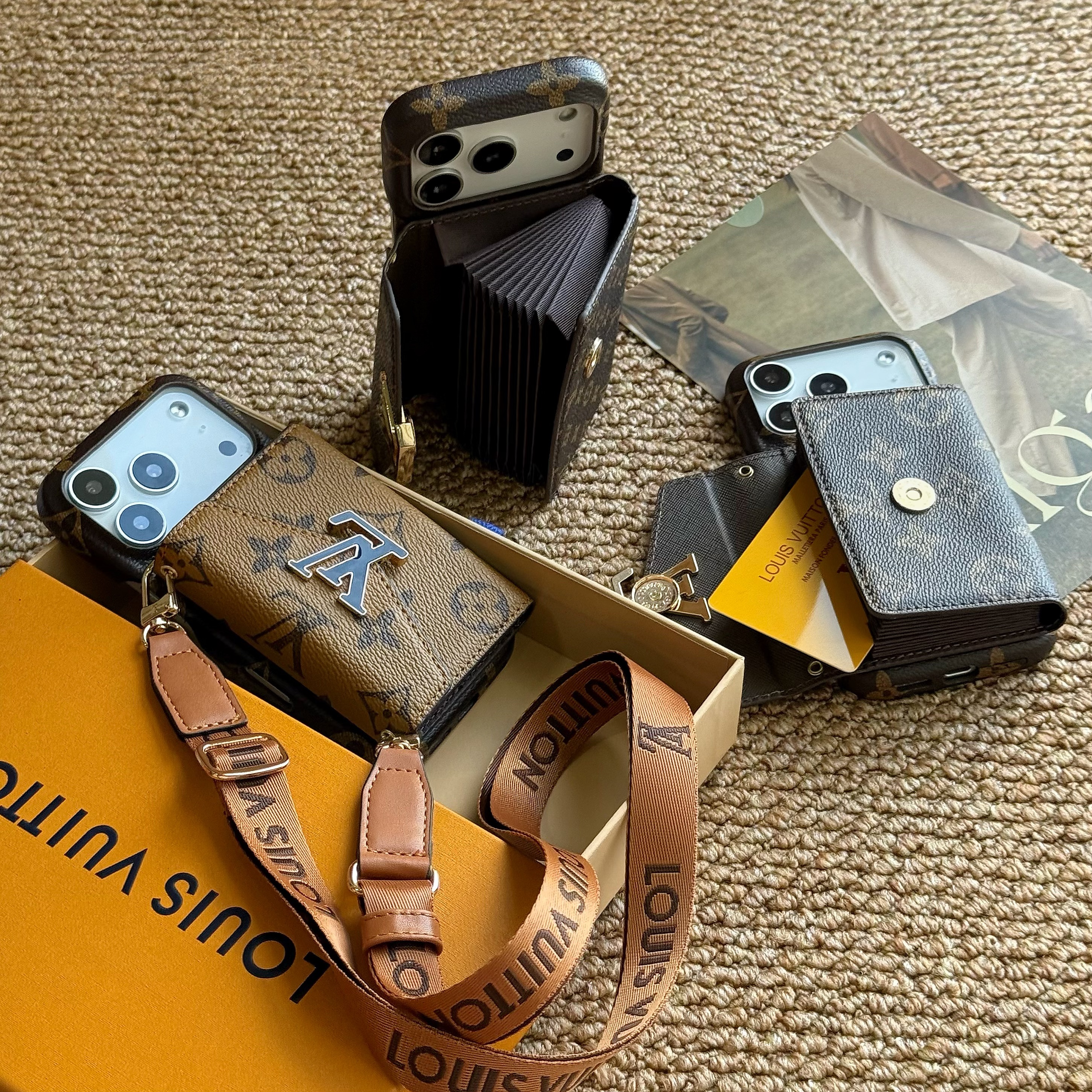 Leather Monogram iPhone Case With Card Holder And Strap For iPhone 17 Series-CMLV027