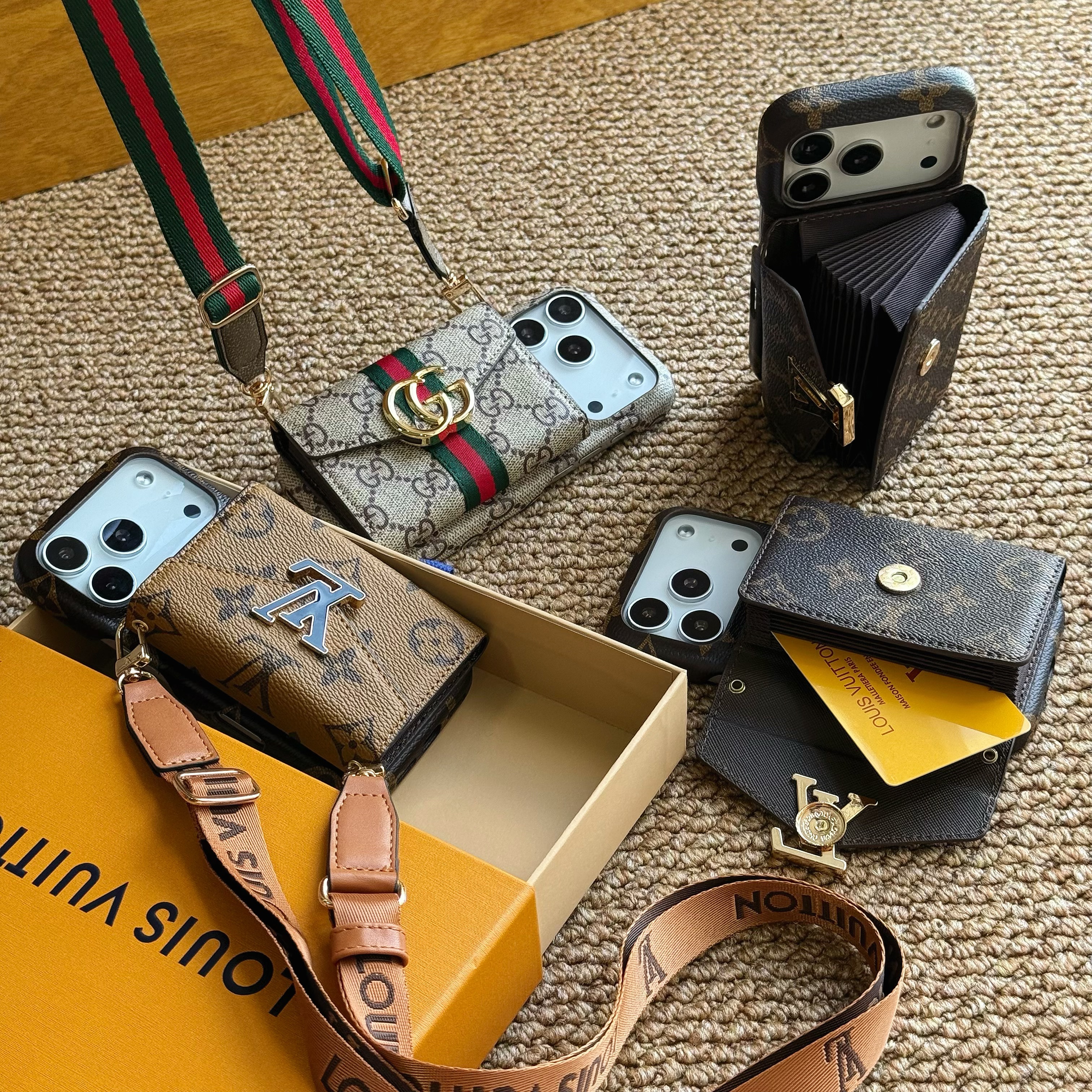 Leather Monogram iPhone Case With Card Holder And Strap For iPhone 17 Series-CMLV027