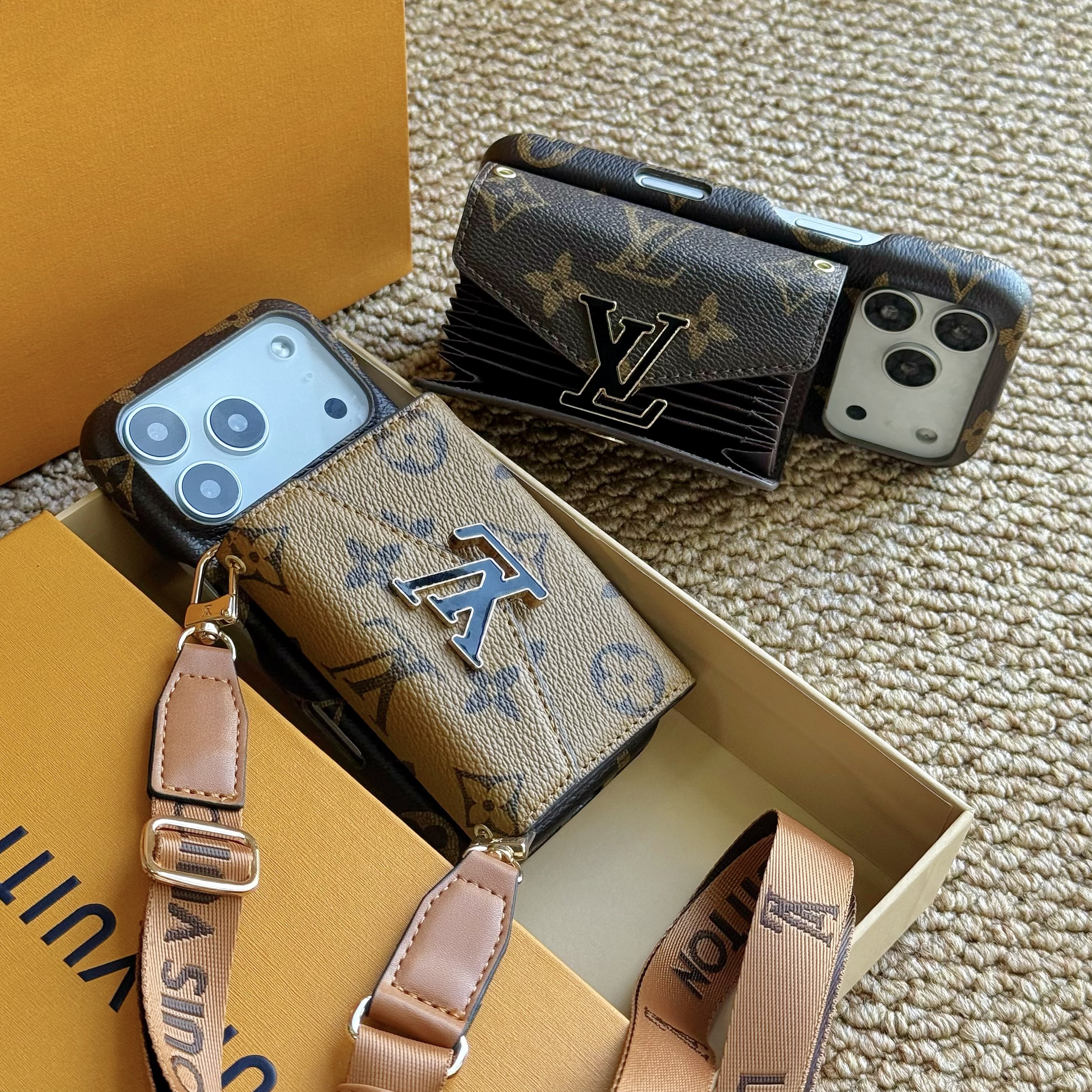 Leather Monogram iPhone Case With Card Holder And Strap For iPhone 17 Series-CMLV027