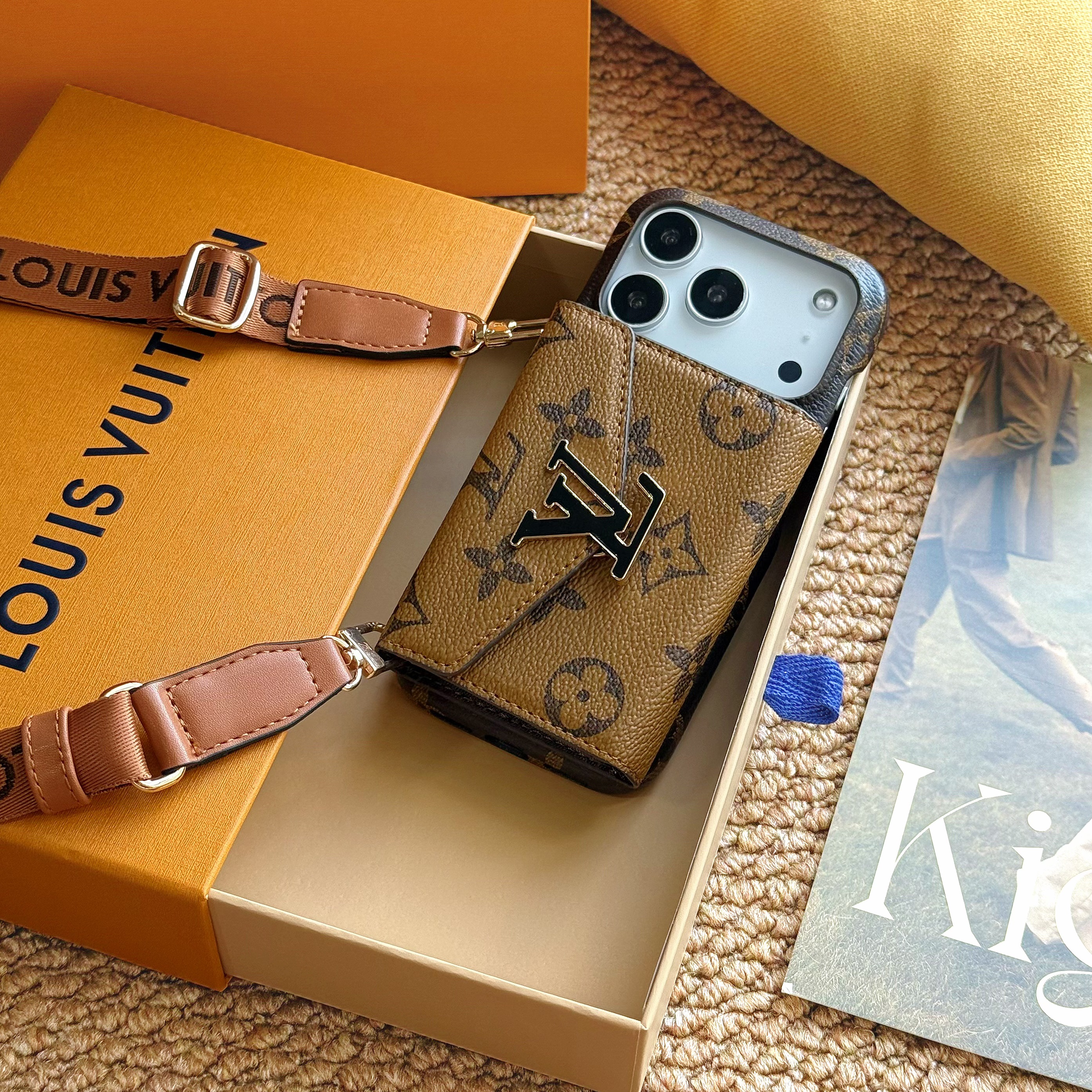 Leather Monogram iPhone Case With Card Holder And Strap For iPhone 17 Series-CMLV027