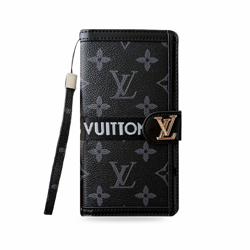Leather Monogram Phone Case With Card Holder And Strap For iPhone Black Printing-MTY251543