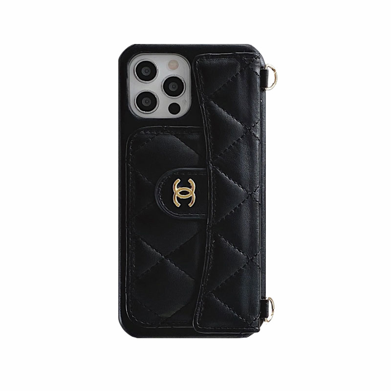 Luxury CC Phone Case With Card Holder And Strap For iPhone Black -JDK2
