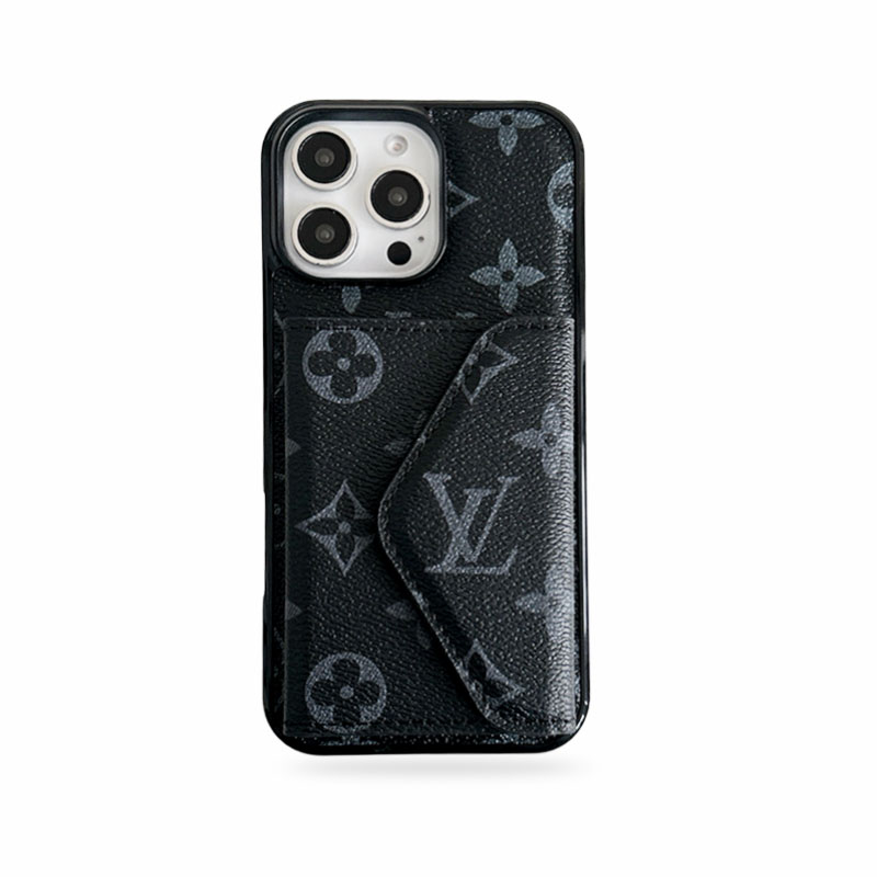 Leather  Monogram Phone Case With Card Holder For iPhone Black-BMKQ241757-casezom