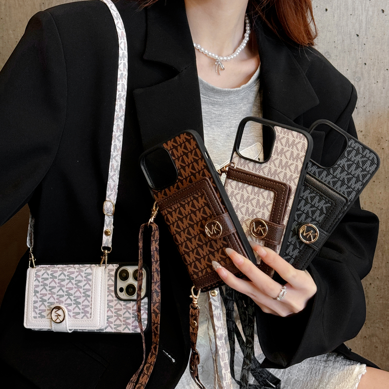 Leather MK iPhone Case With Card Holder And Strap-MYK251305