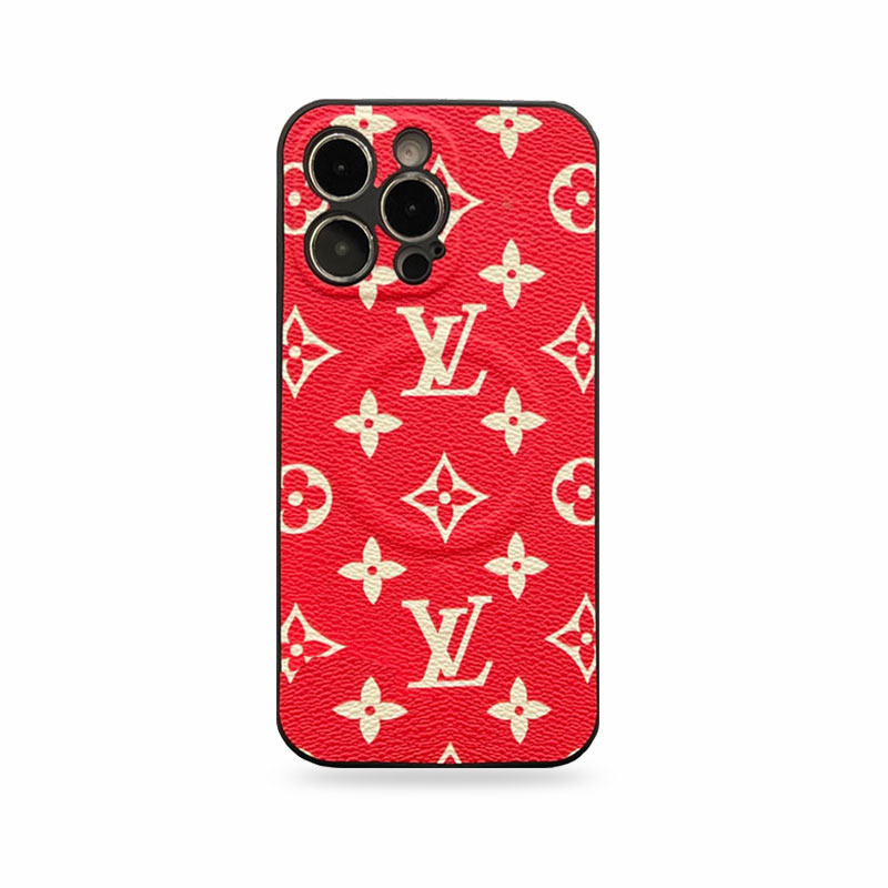Leather Monogram iPhone Case Red（Compatible With Magsafe）