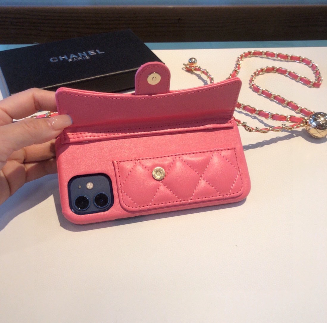 Luxury CC Phone Case With Card Holder And Strap For iPhone Pink -JDK251705