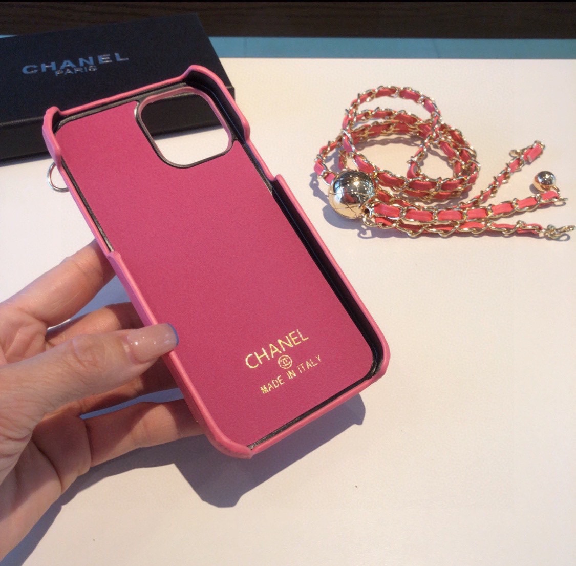 Luxury CC Phone Case With Card Holder And Strap For iPhone Pink -JDK251705