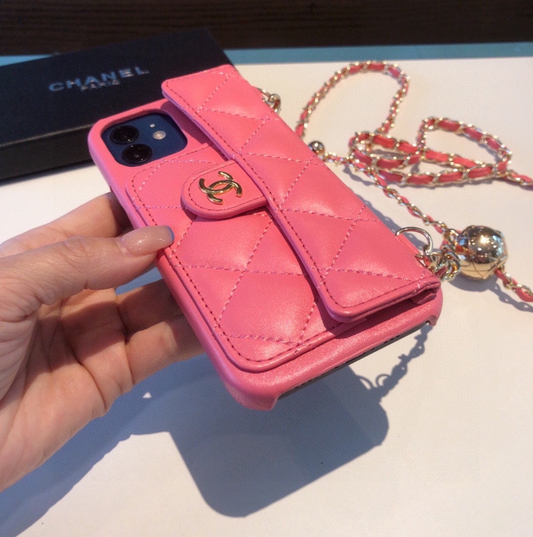 Luxury CC Phone Case With Card Holder And Strap For iPhone Pink -JDK251705