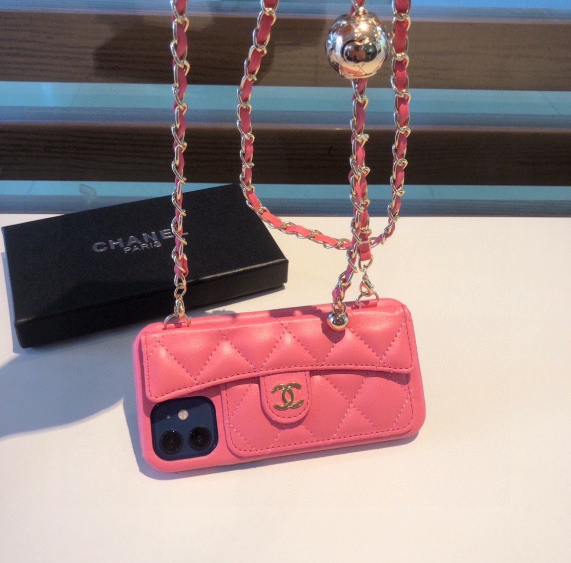 Luxury CC Phone Case With Card Holder And Strap For iPhone Pink -JDK251705