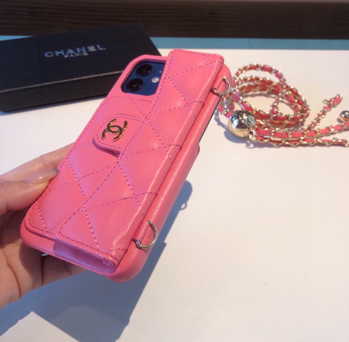 Luxury CC Phone Case With Card Holder And Strap For iPhone Pink -JDK251705