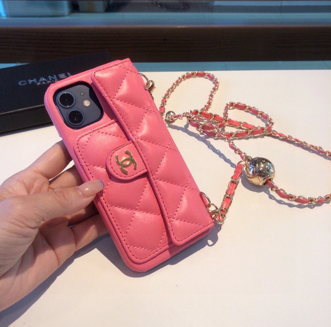 Luxury CC Phone Case With Card Holder And Strap For iPhone Pink -JDK251705