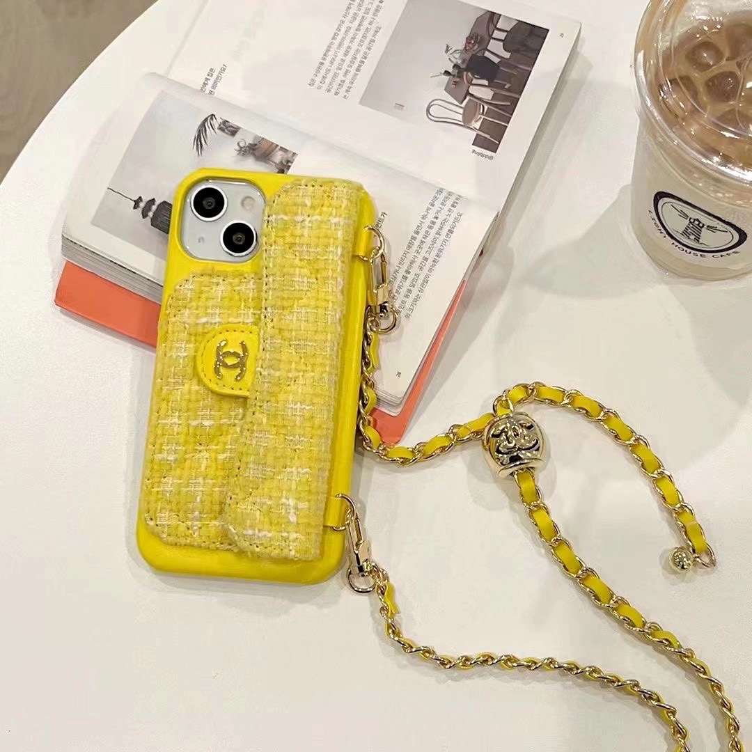 Fabrics CC Phone Case With Card Holder And Strap For iPhone Yellow-BYK251520
