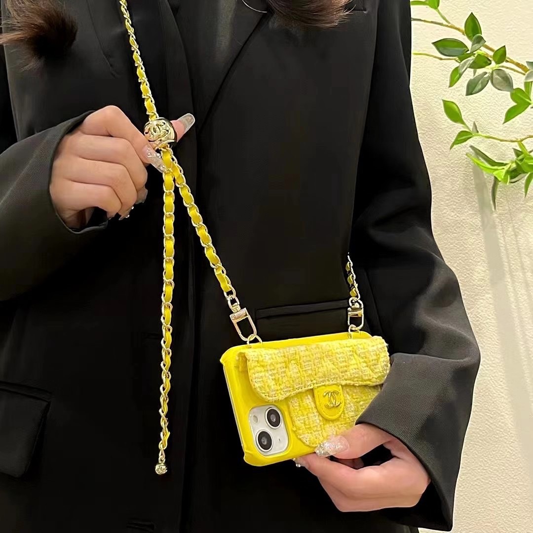Fabrics CC Phone Case With Card Holder And Strap For iPhone Yellow-BYK251520