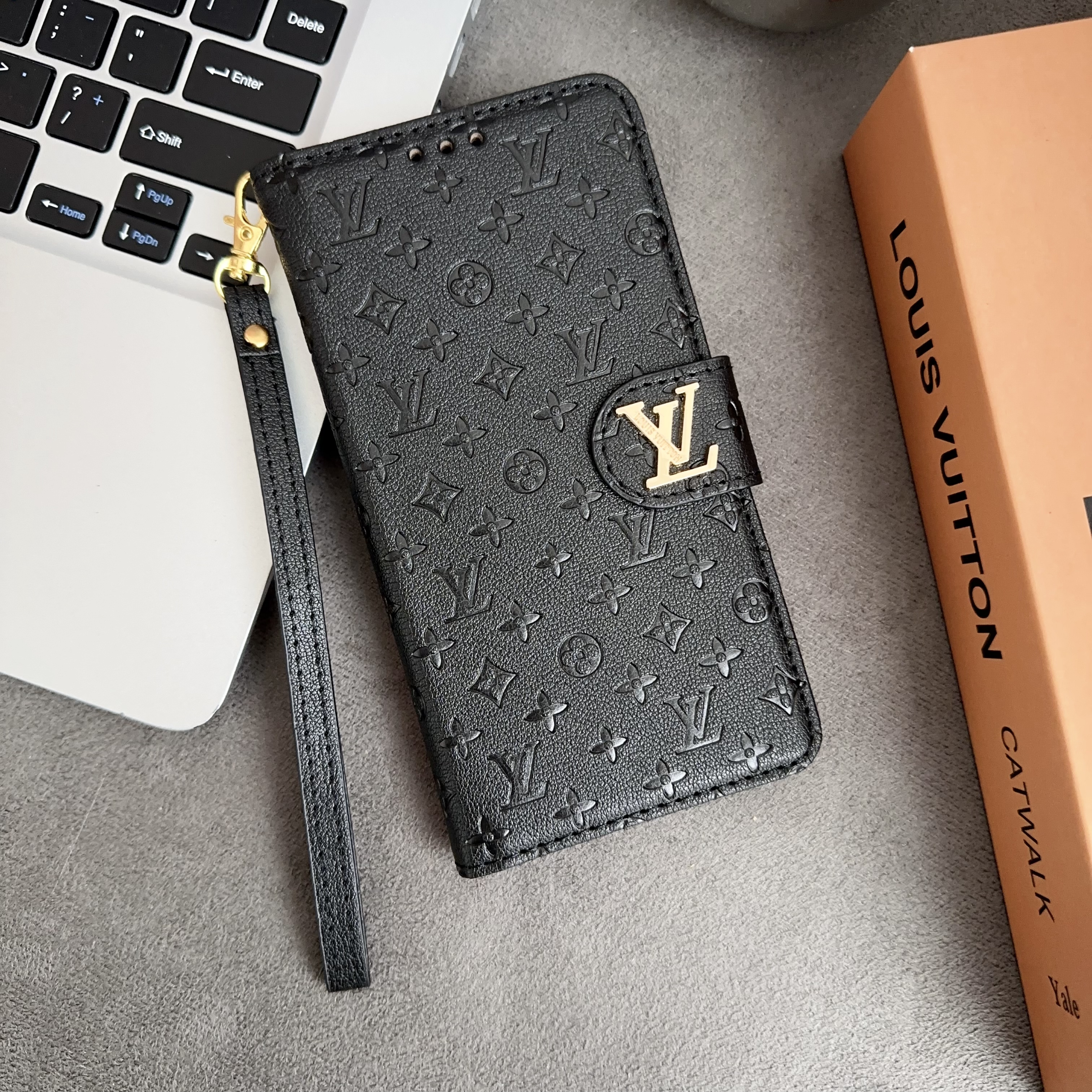 Leather Folio Monogram iPhone Case With Card Holder And Strap-HYL251127