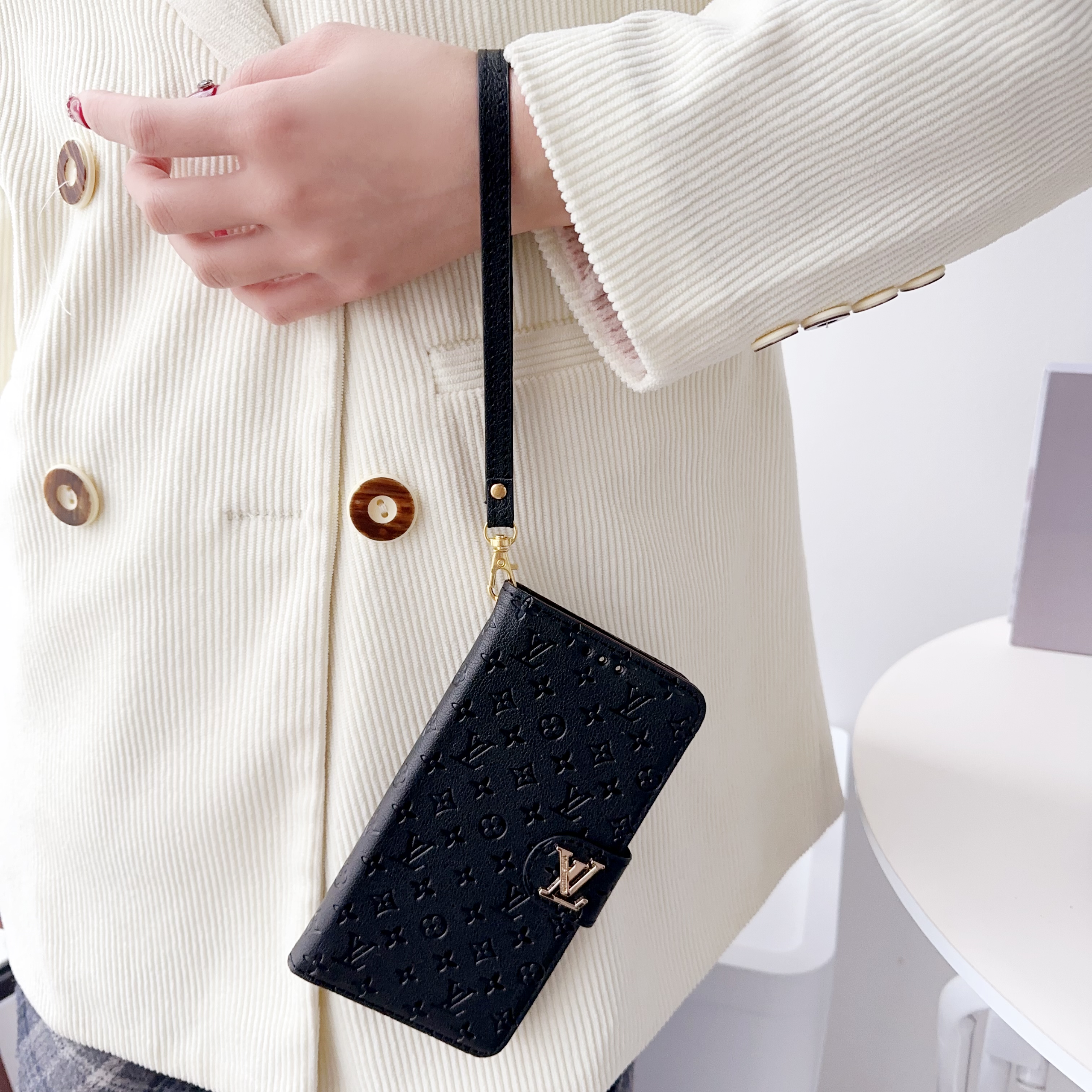 Leather Folio Monogram iPhone Case With Card Holder And Strap-HYL251127