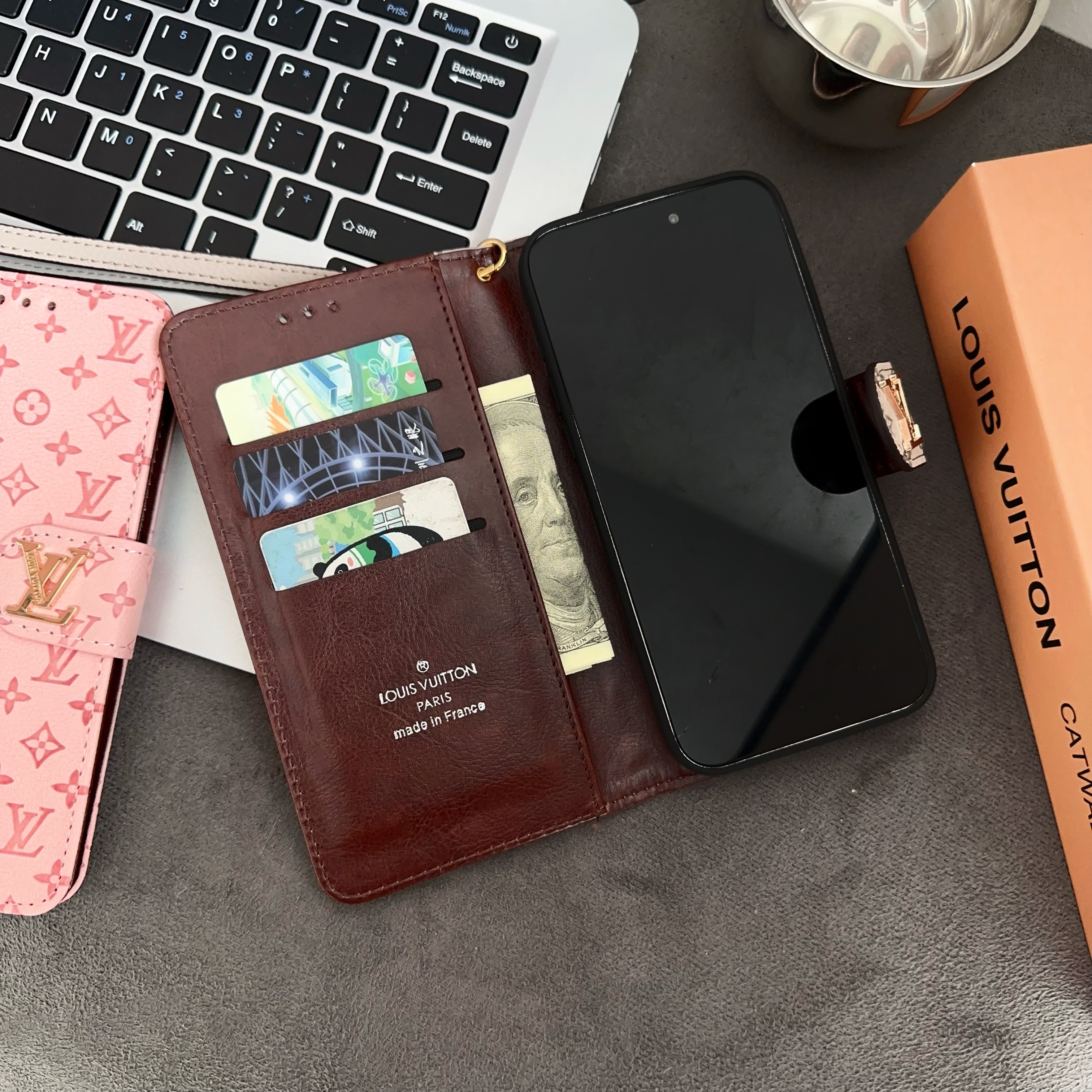 Leather Folio Monogram iPhone Case With Card Holder And Strap-HYL251127