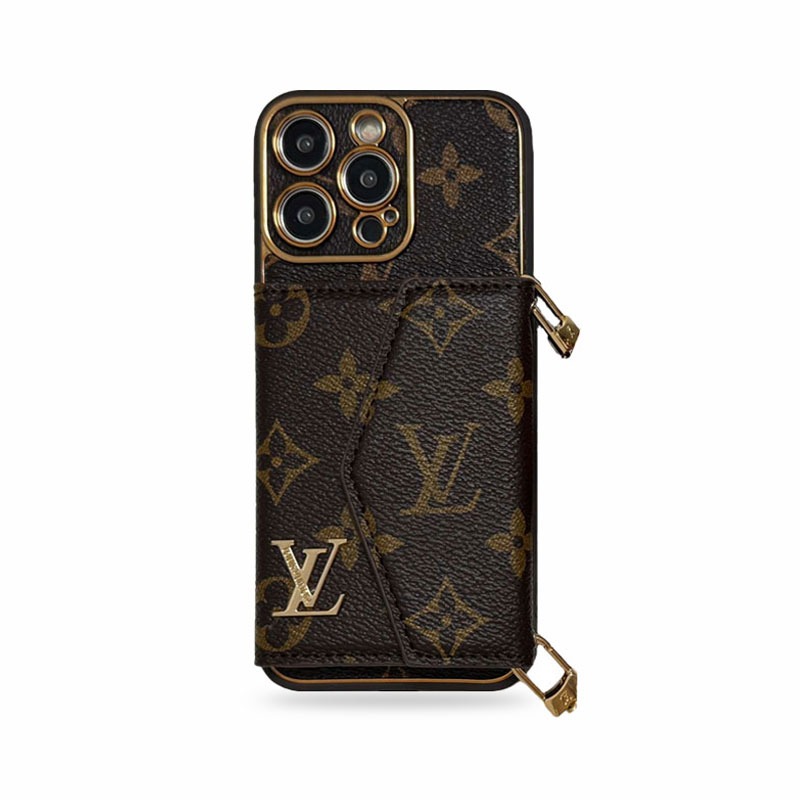 LV iPhone Case With Wallet And Strap Brown Luxury Leather