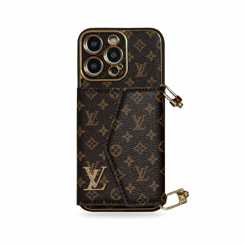 LV iPhone Case With Wallet And Strap Brown Luxury Leather