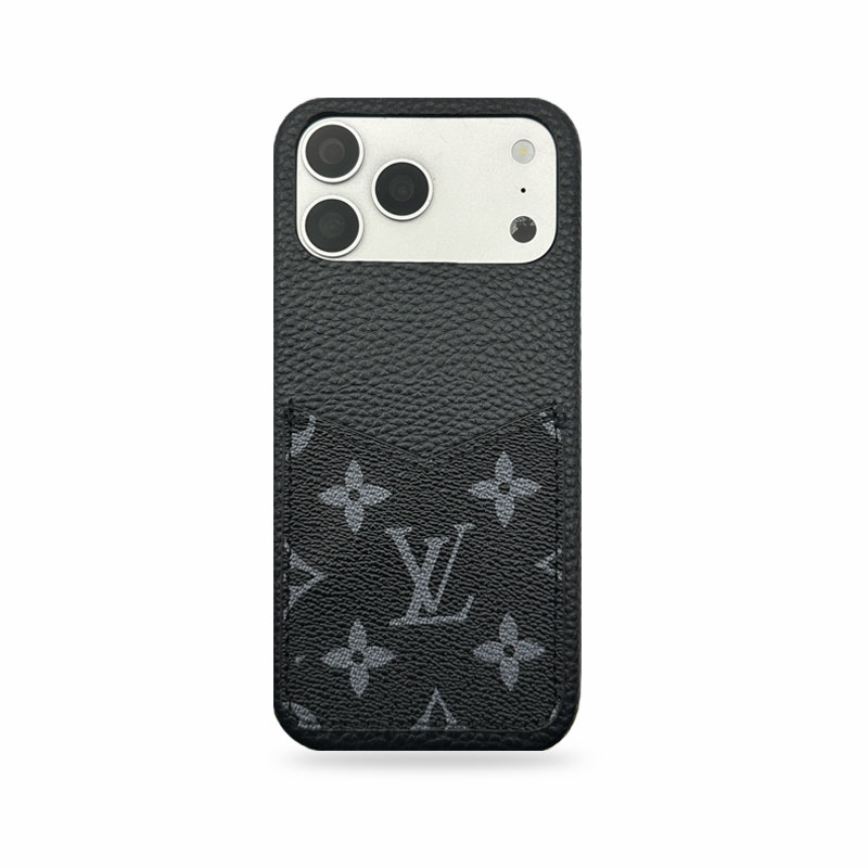 Leather Monogram iPhone Case With Card Holder Black Printing For iPhone 17 Series-CMLV093