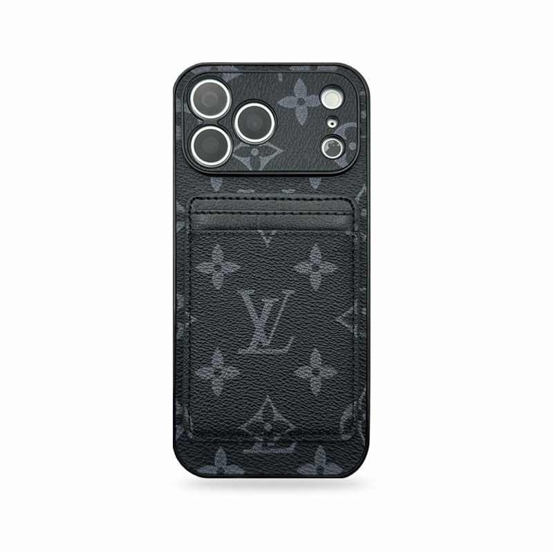 Stylish Leather Monogram iPhone Case With Magnetic Card Holder Black Printing For iPhone 17 Series-CMLV098
