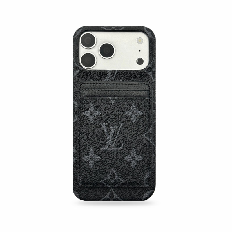 Leather Monogram iPhone Case With Magnetic Card Holder Black Printing For iPhone 17 Series-CMLV088