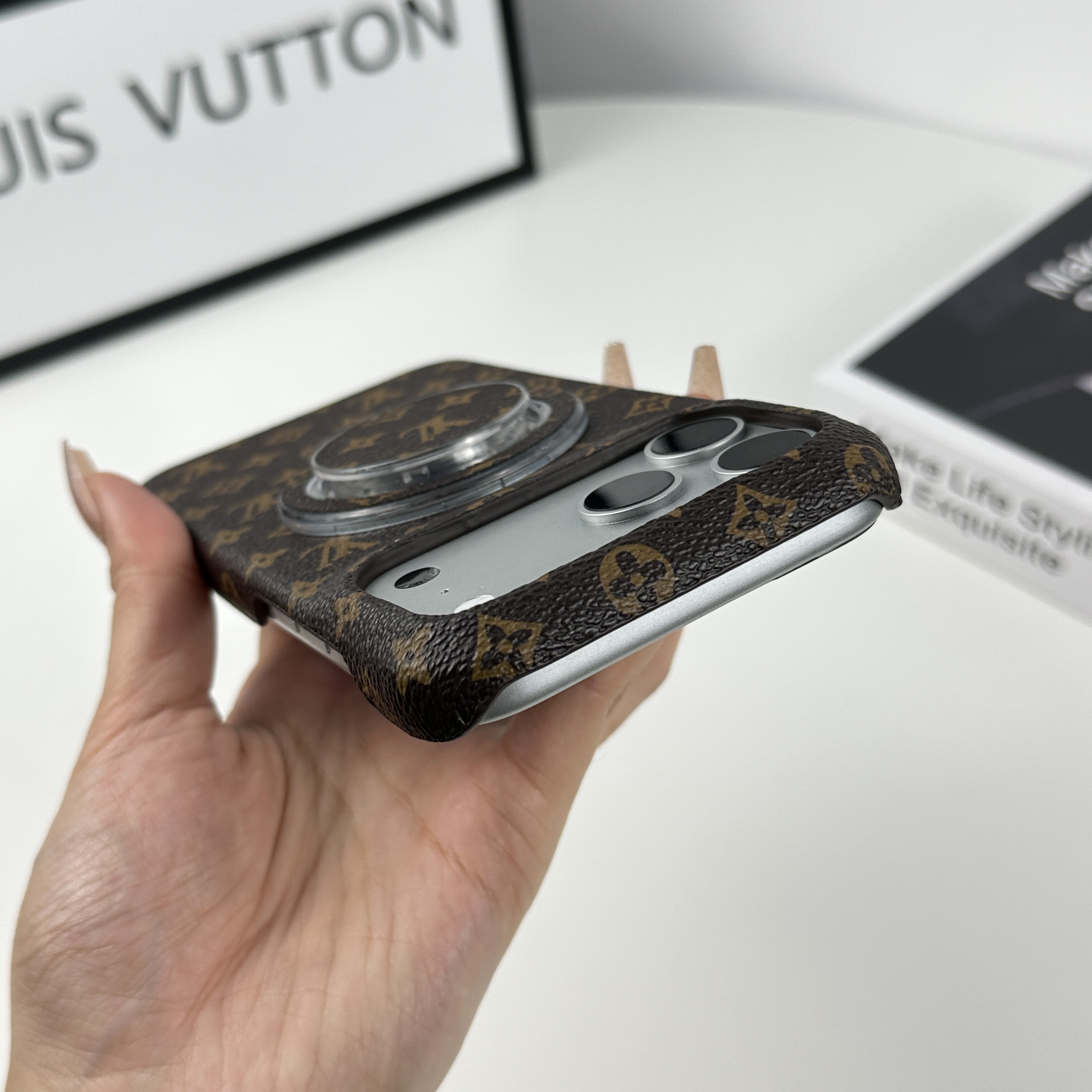 Luxury Leather Monogram iPhone Case With Magnetic Stand Small Printing For iPhone 17 Series-CMLV081