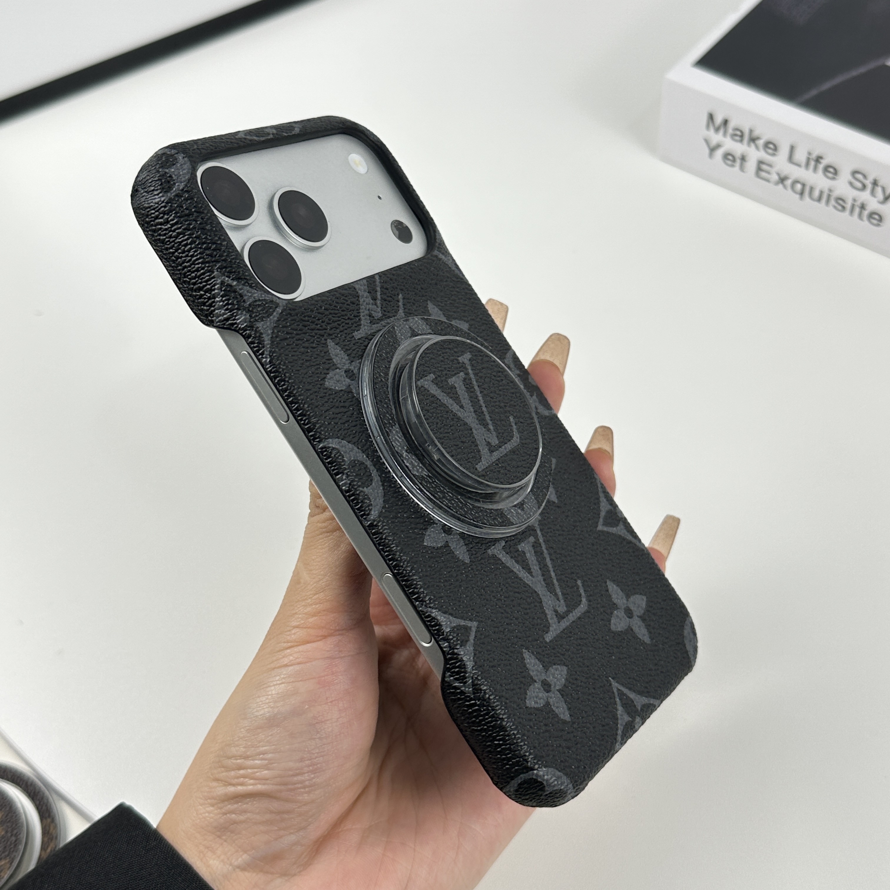 Elegant Leather Monogram iPhone Case With Magnetic Stand Black Printing For iPhone 17 Series-CMLV082