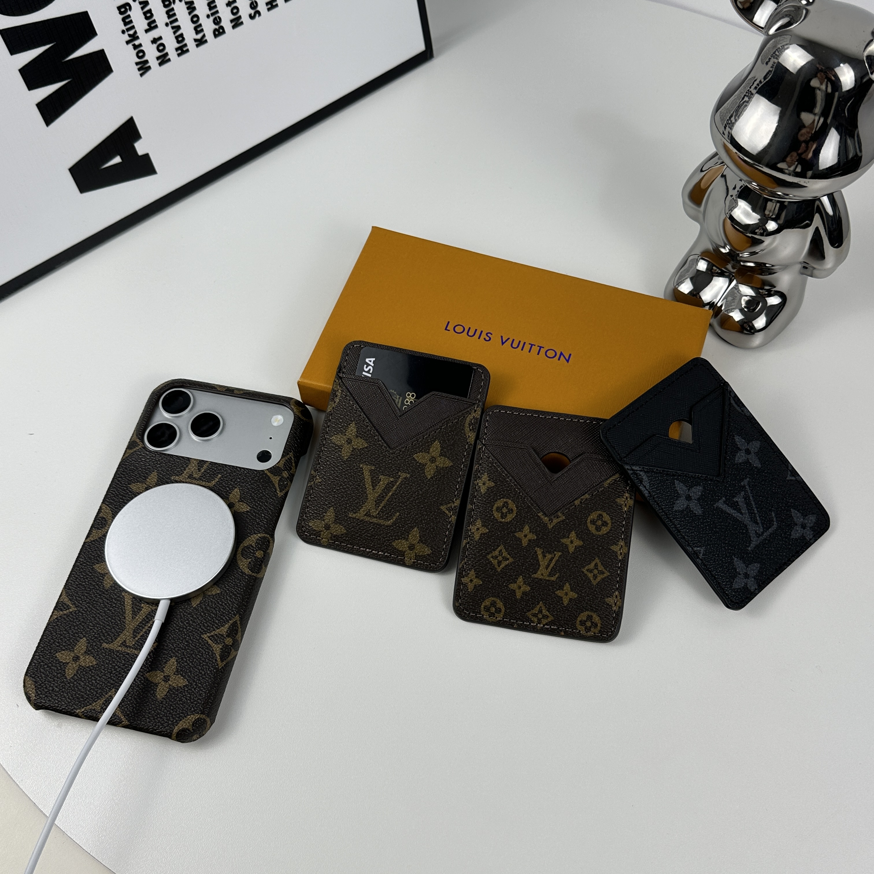 Stylish Leather Monogram iPhone Case With Magnetic Card Holder Big Printing For iPhone 17 Series-CMLV083